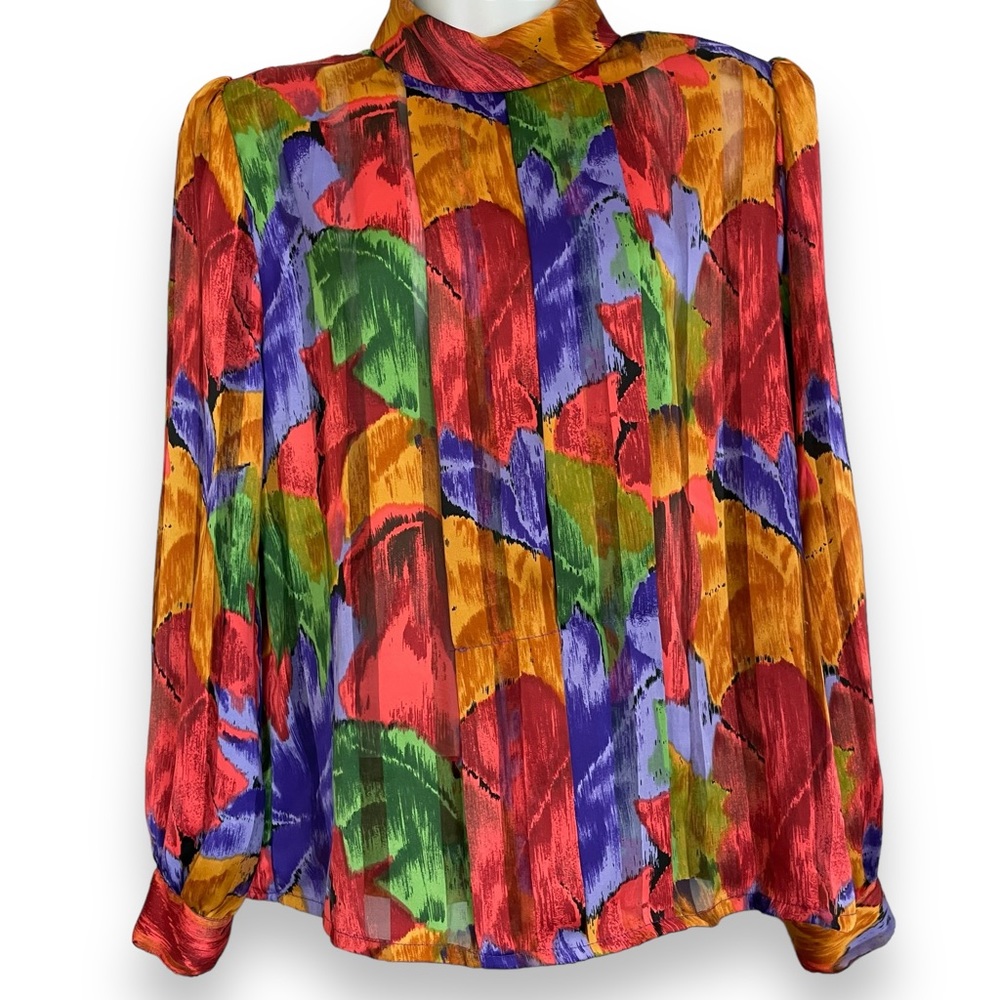 Vintage Floral Blouse Sheer Stripe Vibrant Colors Rolled Collar Eclectic Pleats